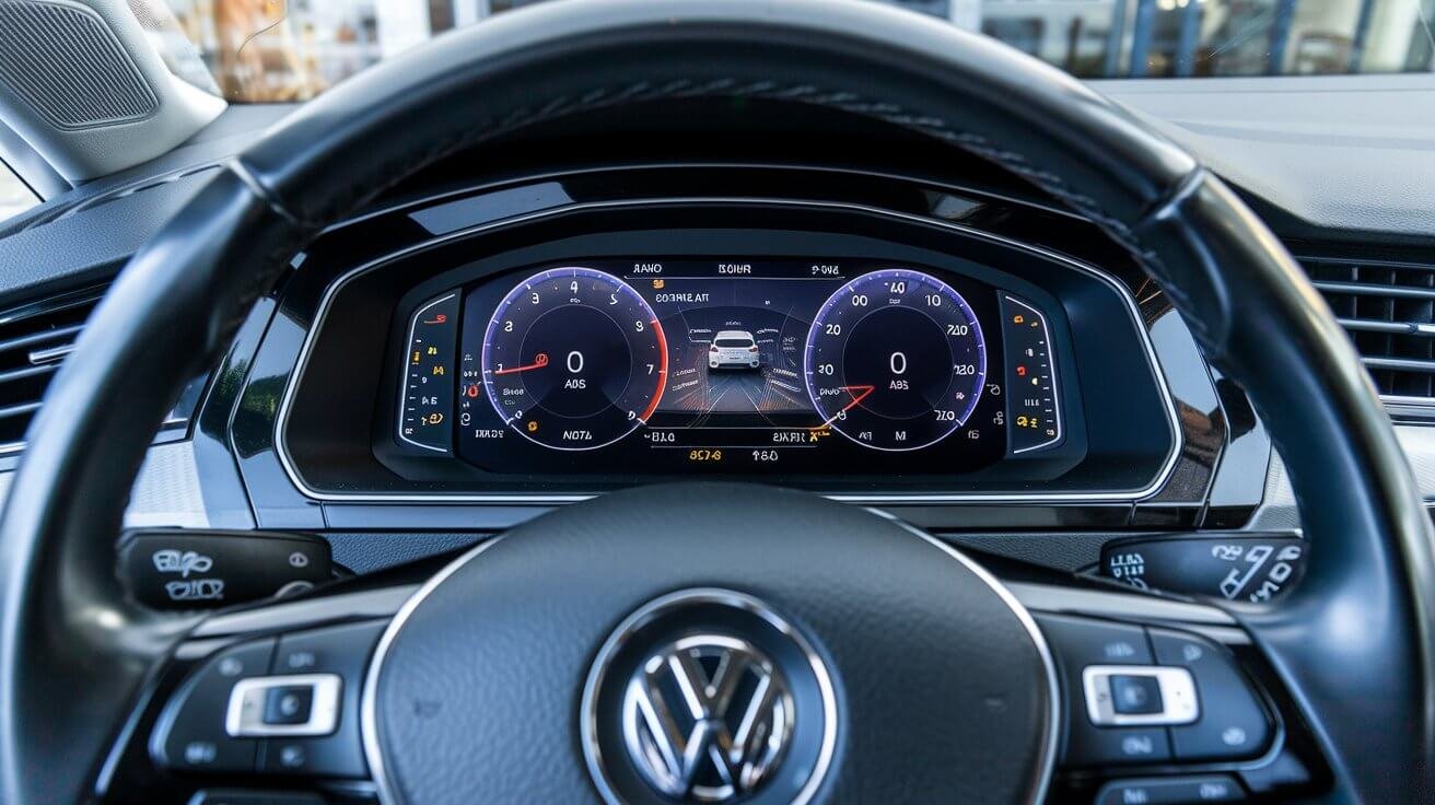 Volkswagen dashboard with warning lights lit in the instrument cluster