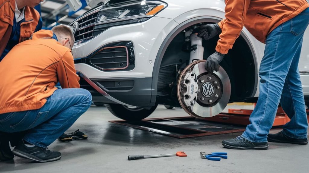 a-photo-of-Volkswagen-technicians-replacing-brake-pads