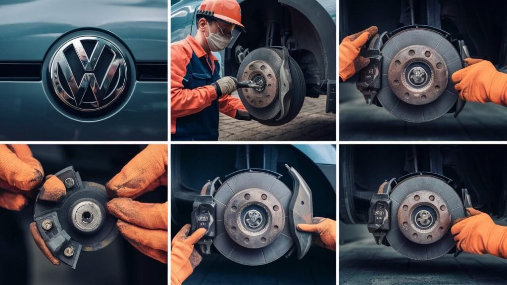 a professional step-by-step photo of Volkswagen brake pads replacement