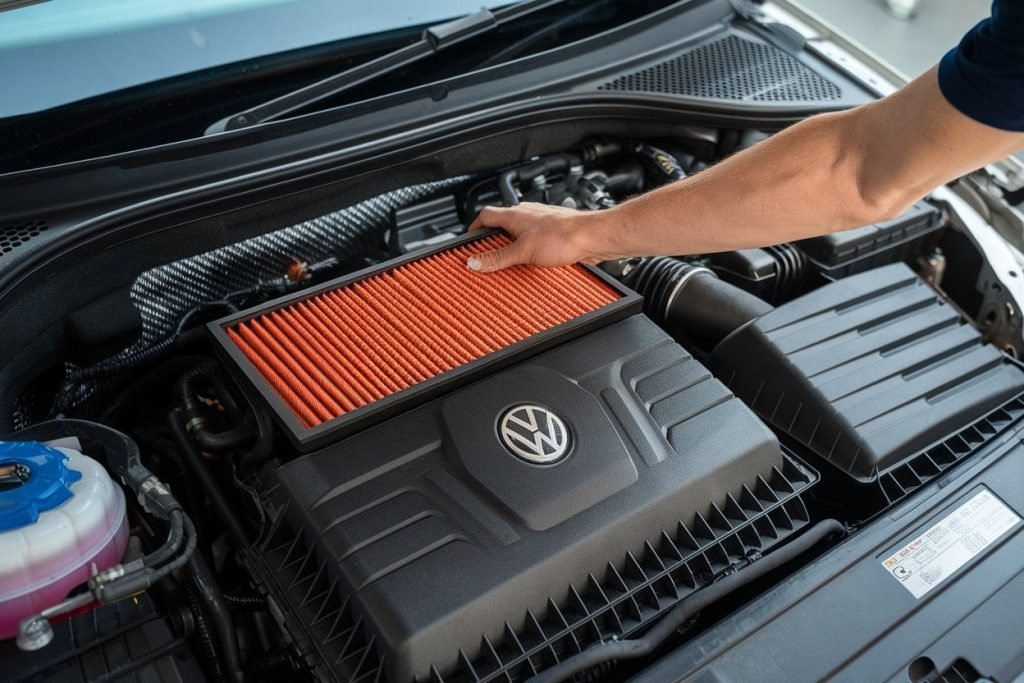 Panel air filter fitted in a Volkswagen engine bay