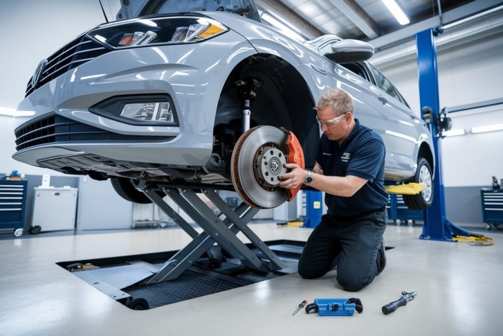 Brake pads fitted to a Volkswagen caliper