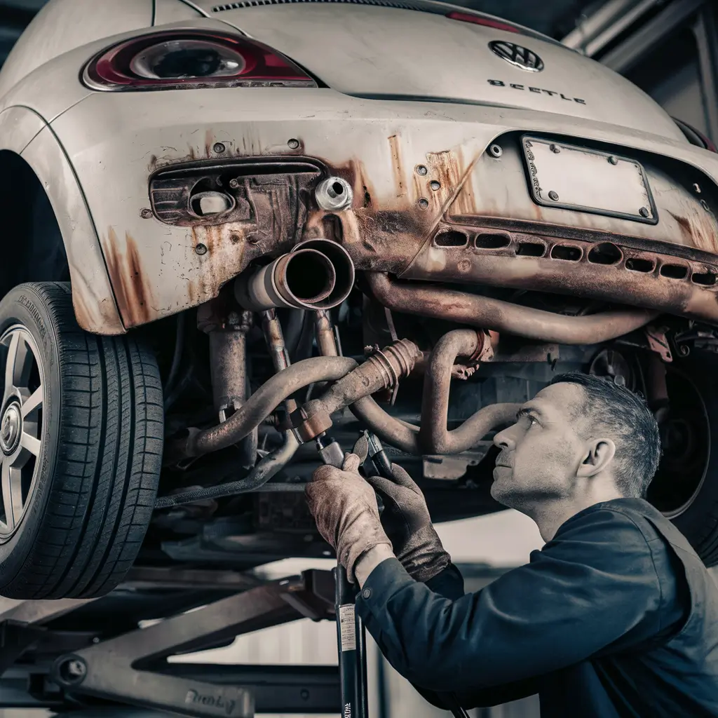 Volkswagen exhaust system inspected for leaks and damage