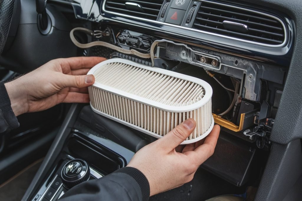 New engine air filter being fitted to a Volkswagen