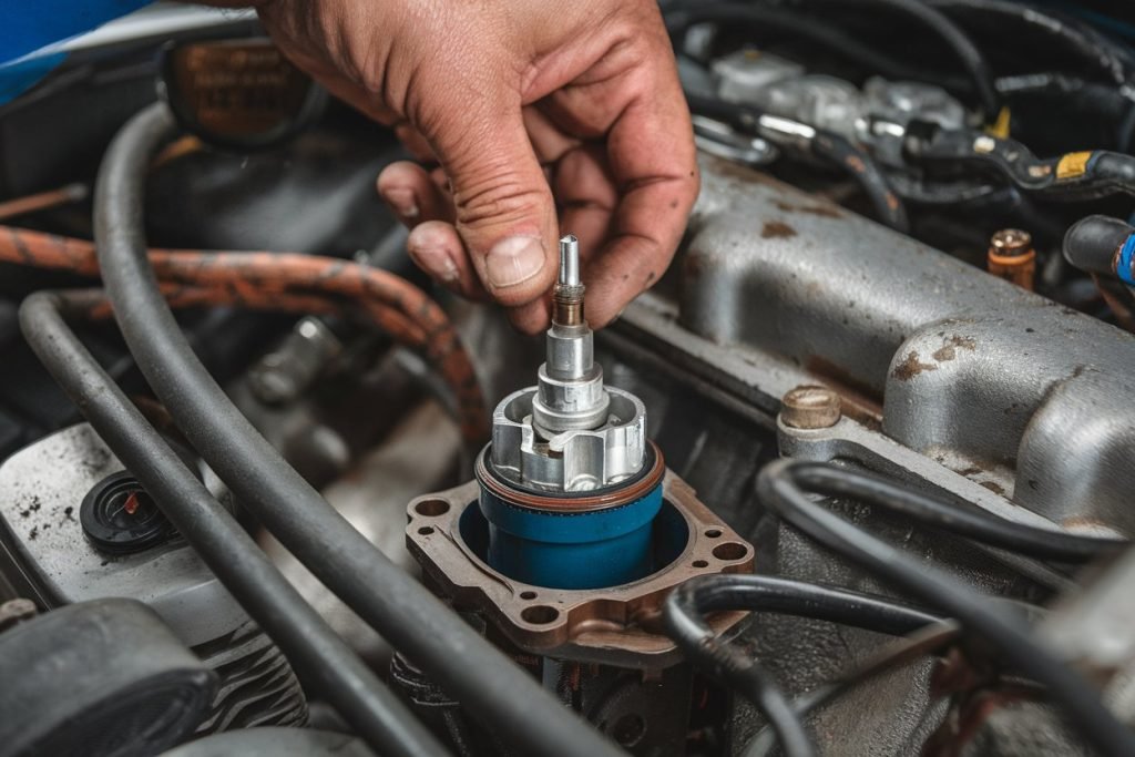 Mechanic removing a fuel injector from a Volkswagen engine