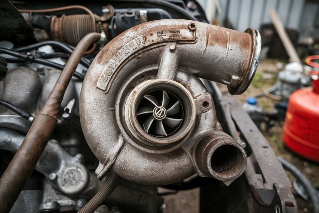 Detailed close up of a used Volkswagen turbocharger compressor wheel and housing