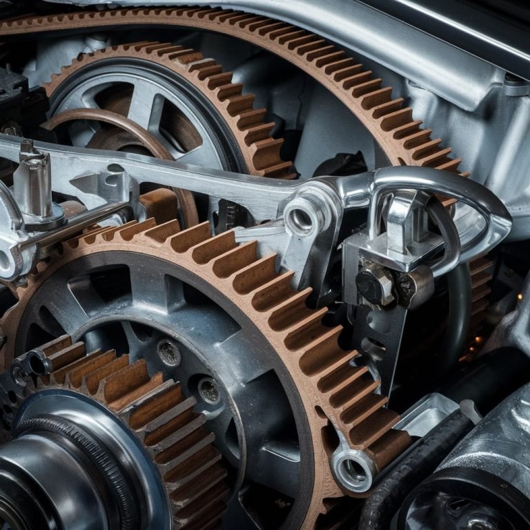 Close up of a Volkswagen timing belt and pulleys