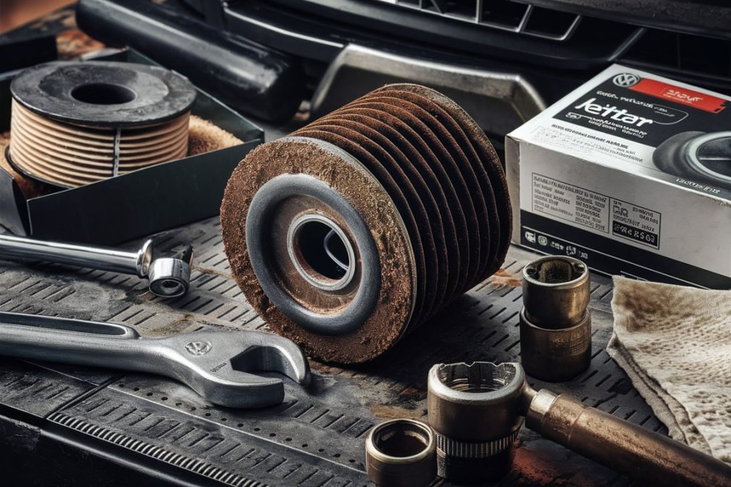 Close up of an engine oil filter housing area