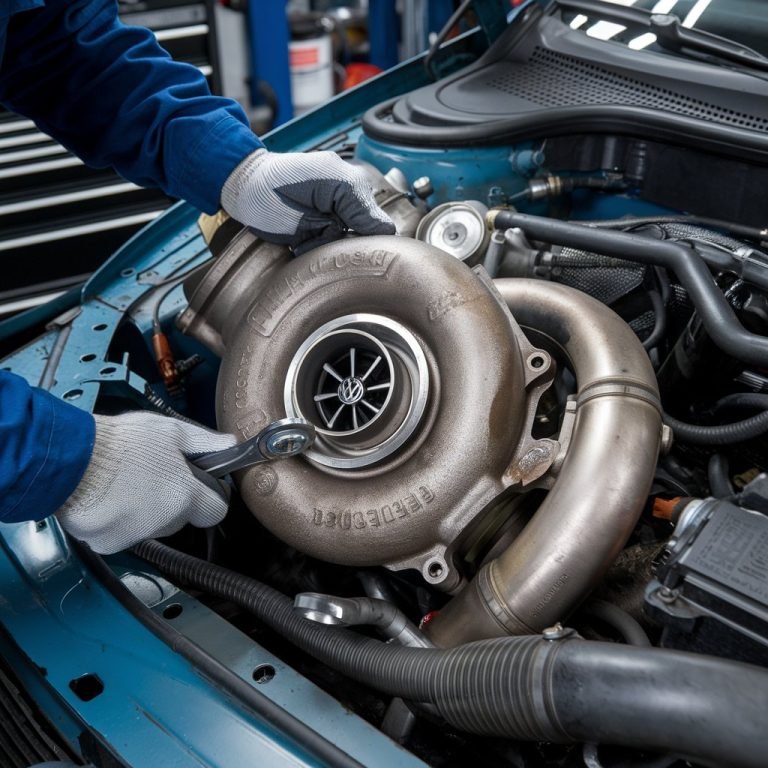 Mechanic inspecting a Volkswagen turbocharger