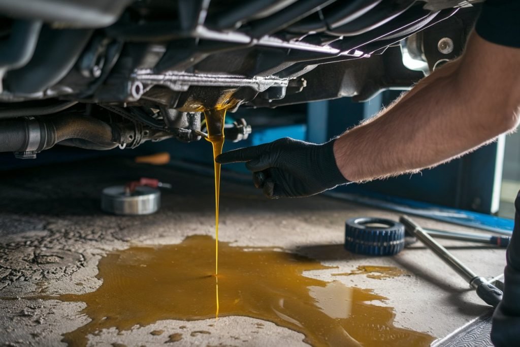 Technician inspecting the engine bay of a VW Tiguan