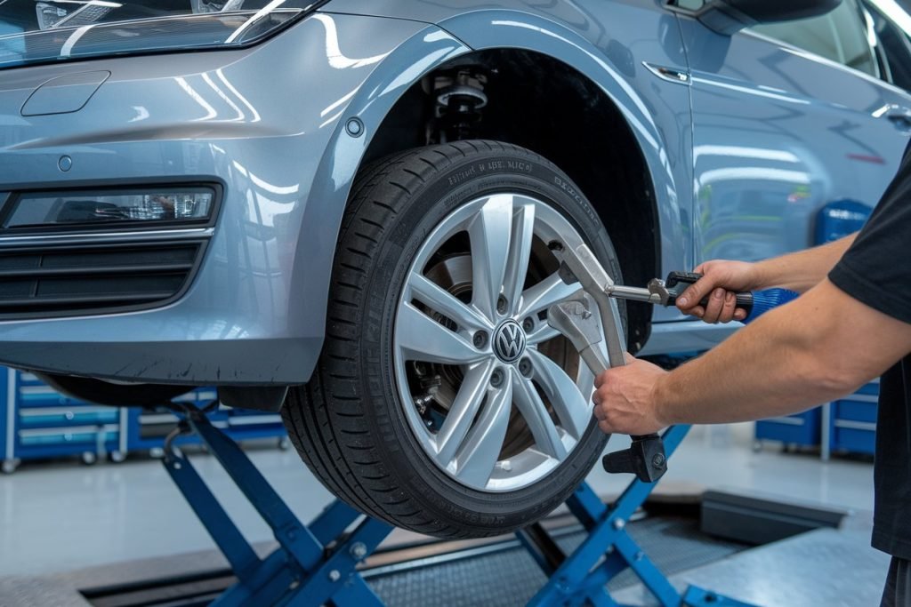 Volkswagen Golf front wheel during a wheel alignment