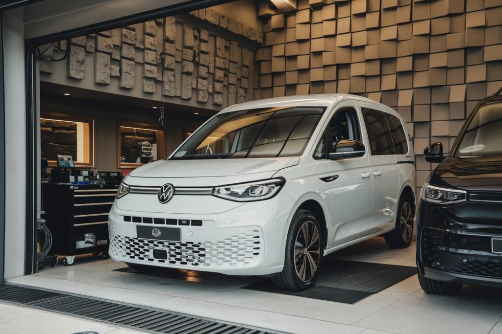 White Volkswagen Caddy van inside a workshop