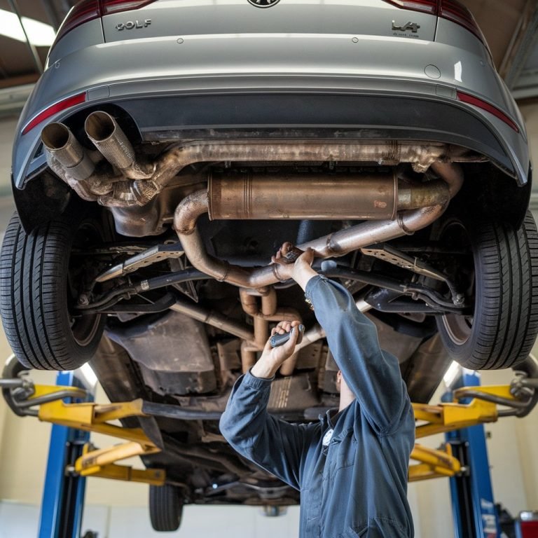 Underside of a lifted Volkswagen Golf showing the exhaust