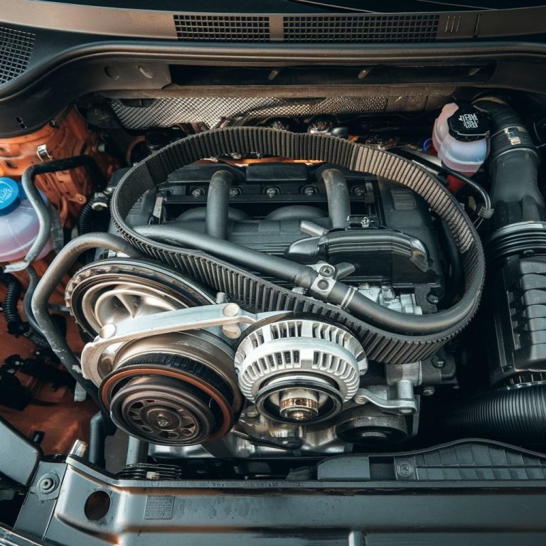 Serpentine belt and tensioner on a VW Tiguan engine