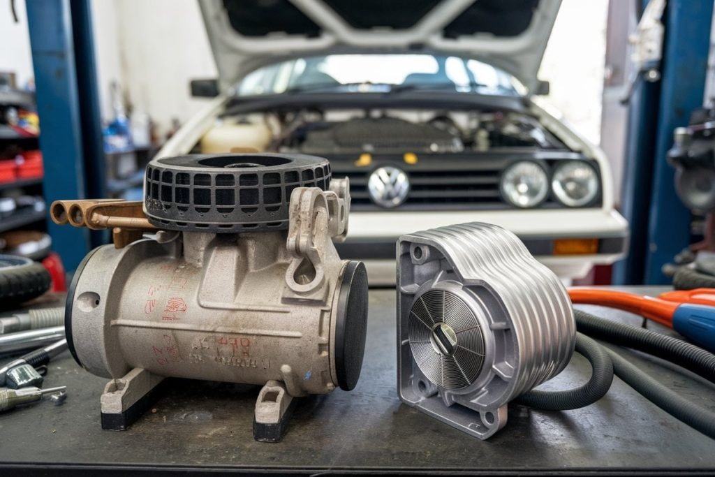 Air-conditioning compressor components on a workbench