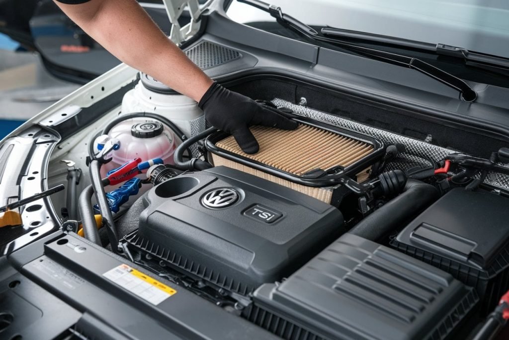 Inspecting an air filter in a Volkswagen engine bay