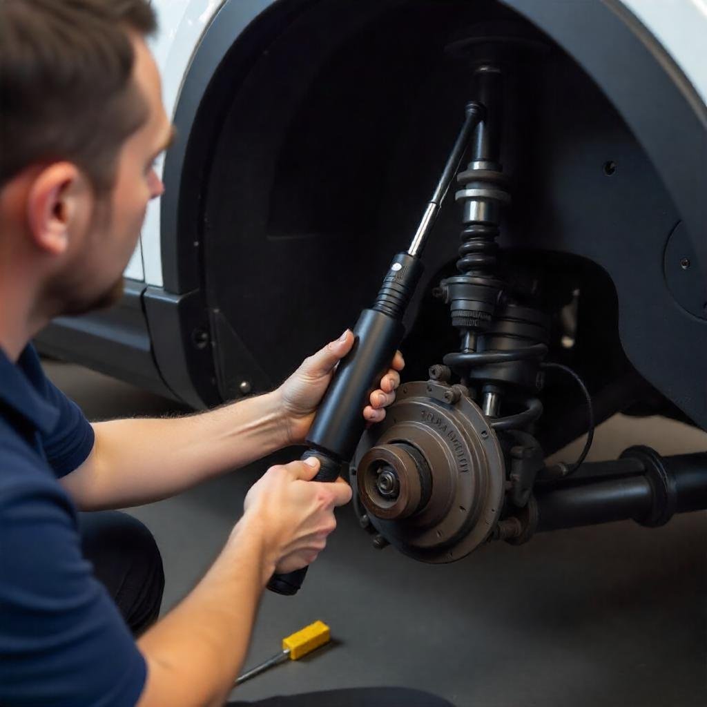 Mechanic replacing the front suspension strut on a VW Tiguan