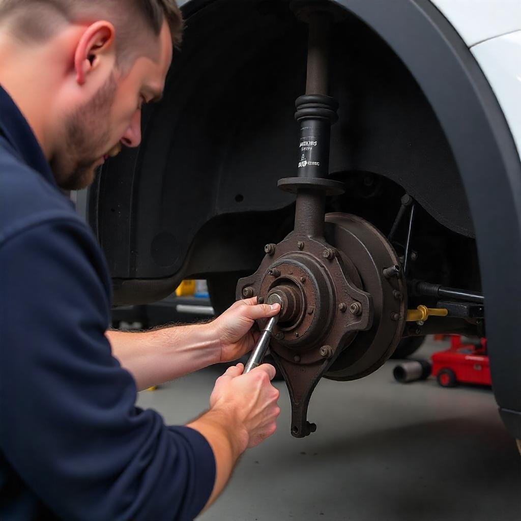Mechanic fitting a front strut assembly to a VW Tiguan
