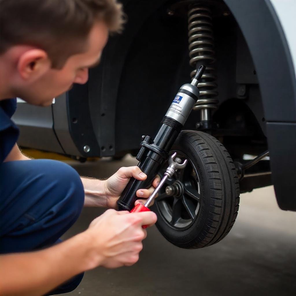 Front strut replacement on a VW Tiguan in the workshop