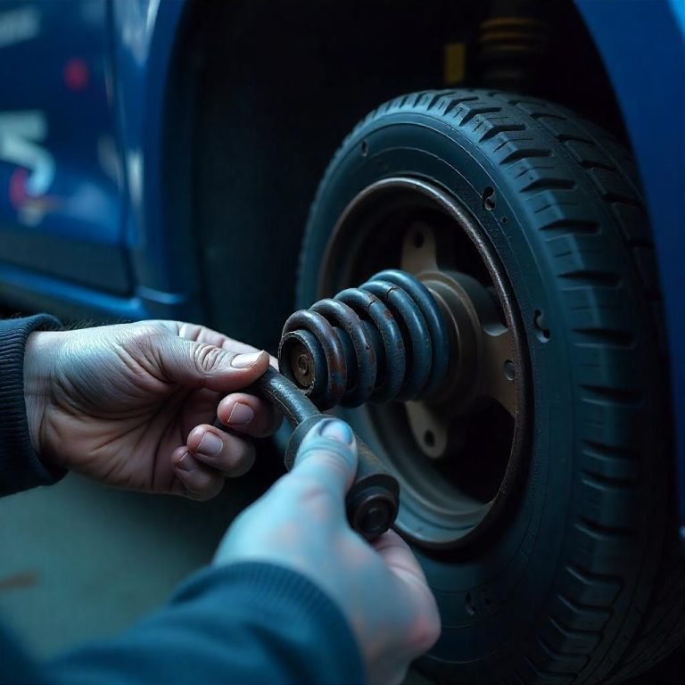 Technician replacing a front coil spring on a Volkswagen