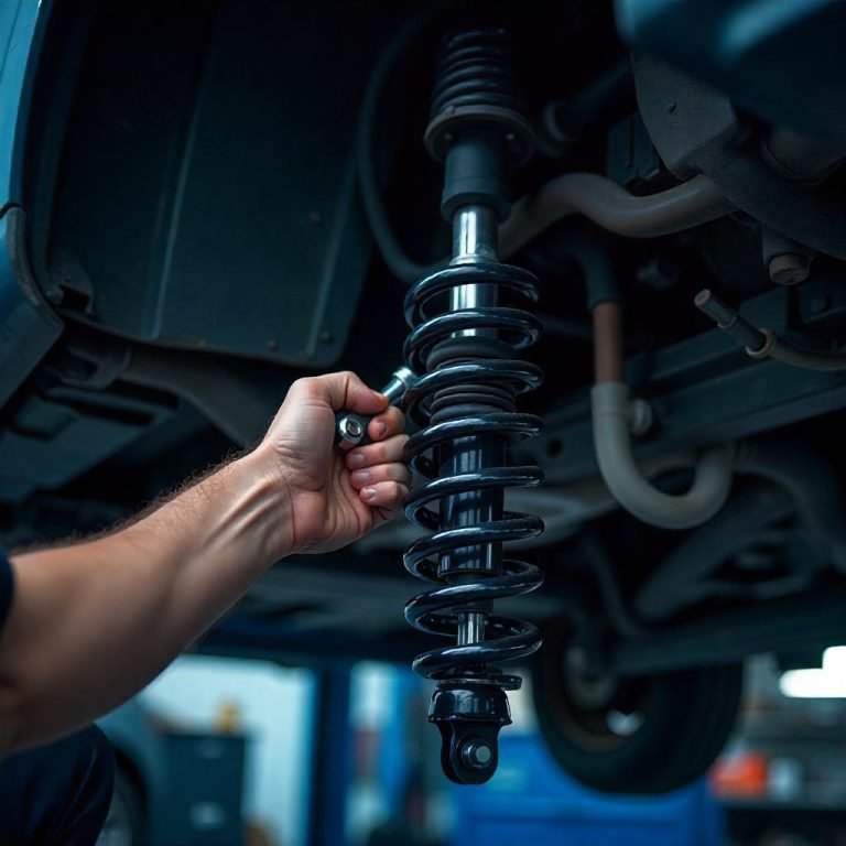 Technician fitting a shock absorber to a Volkswagen