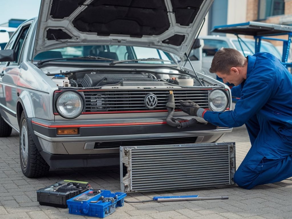 Volkswagen Golf radiator removed for replacement