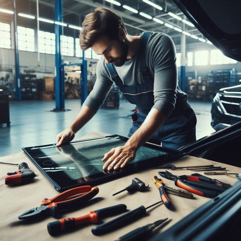 Technician preparing replacement automotive glass