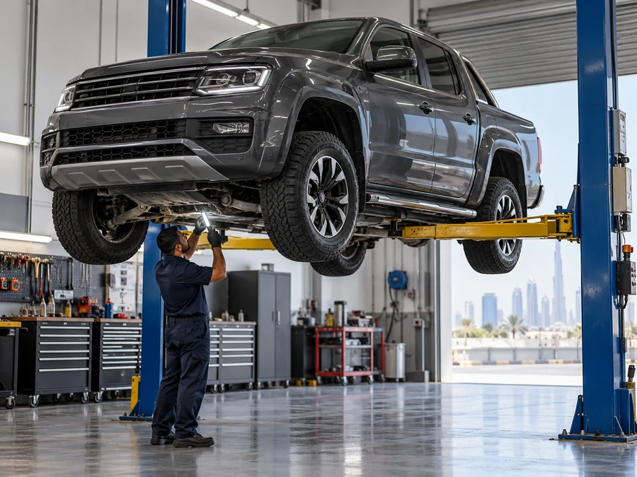 Volkswagen Amarok on a lift during drivetrain checks at our Al Quoz workshop