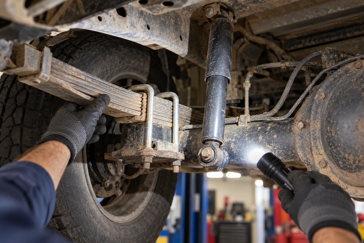 Technician checking the rear springs and shocks of a Volkswagen for wear