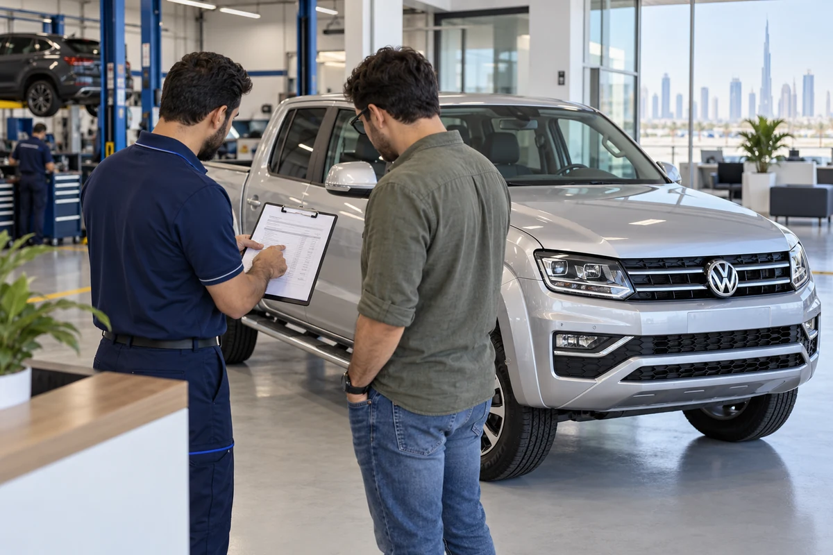 Service adviser explaining a written Volkswagen quote to a customer