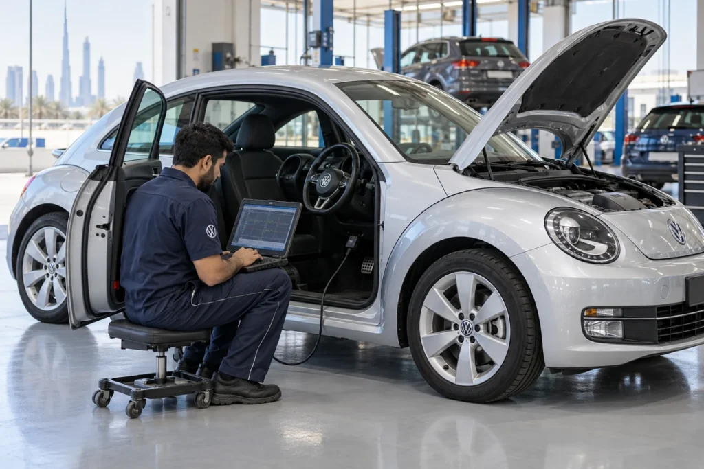 Technician diagnosing a Volkswagen with a laptop