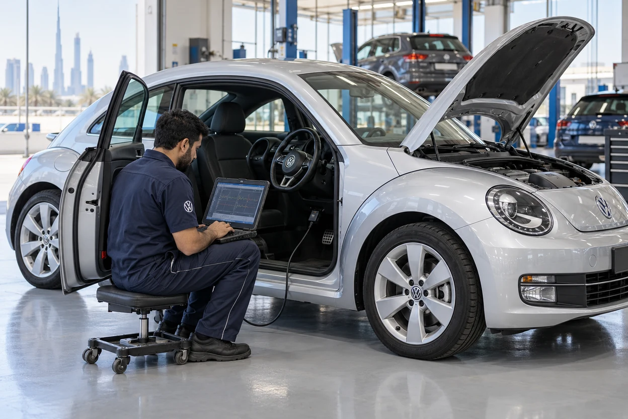 Technician diagnosing a Volkswagen Beetle with a laptop in the workshop