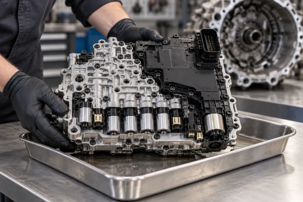 DSG mechatronic unit on a workshop bench