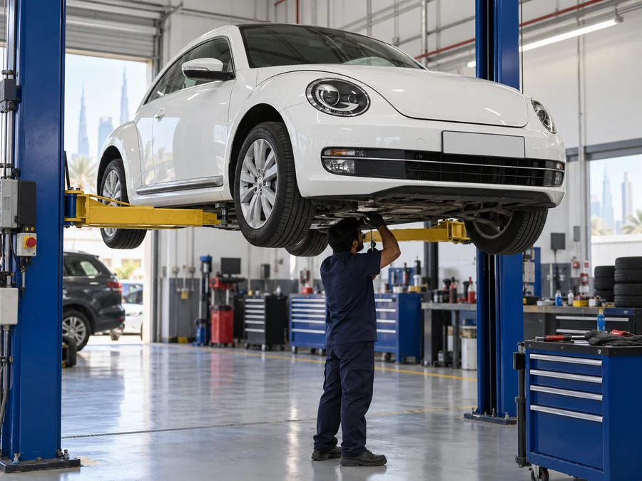 White Volkswagen Beetle on a lift in a Dubai workshop