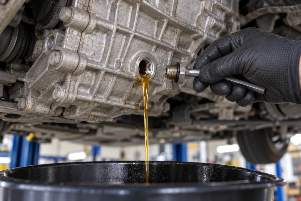 Technician checking Volkswagen gearbox fluid
