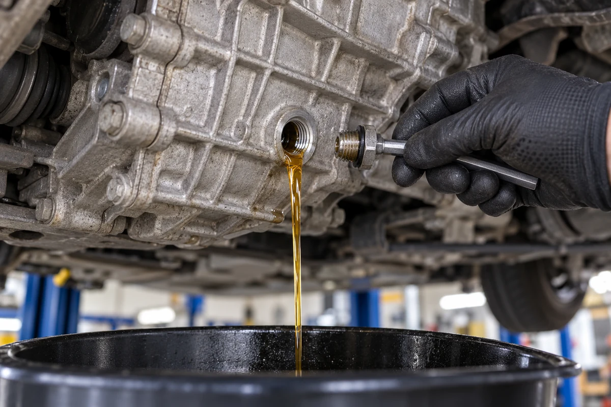 Technician checking Volkswagen Caddy gearbox fluid at the fill plug