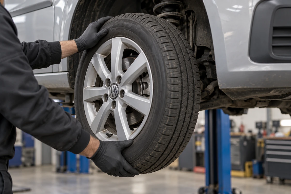 Technician checking a raised Volkswagen front wheel for play