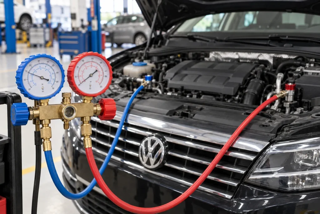 AC pressure gauges connected to a Volkswagen during a leak test