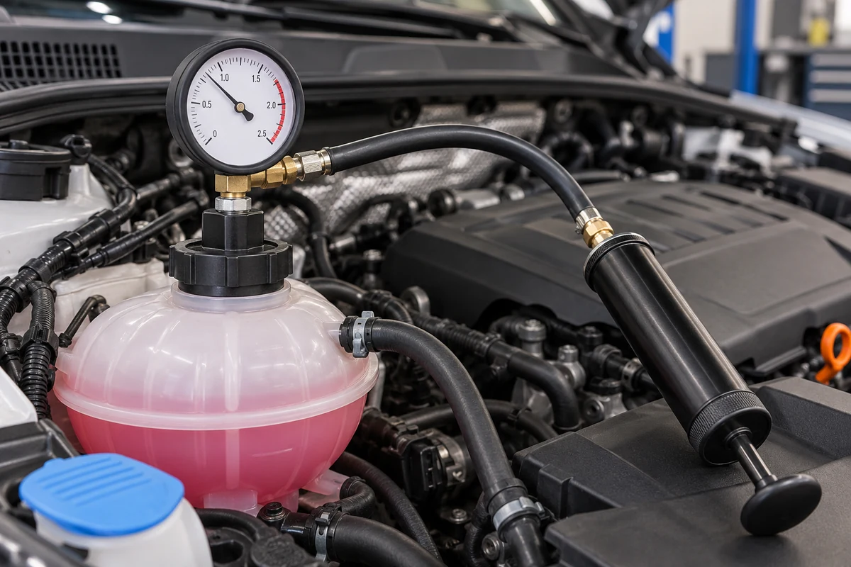 Cooling-system pressure tester connected to a Volkswagen expansion tank