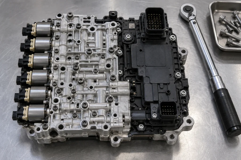 DSG mechatronic unit from a Volkswagen CC on a workbench