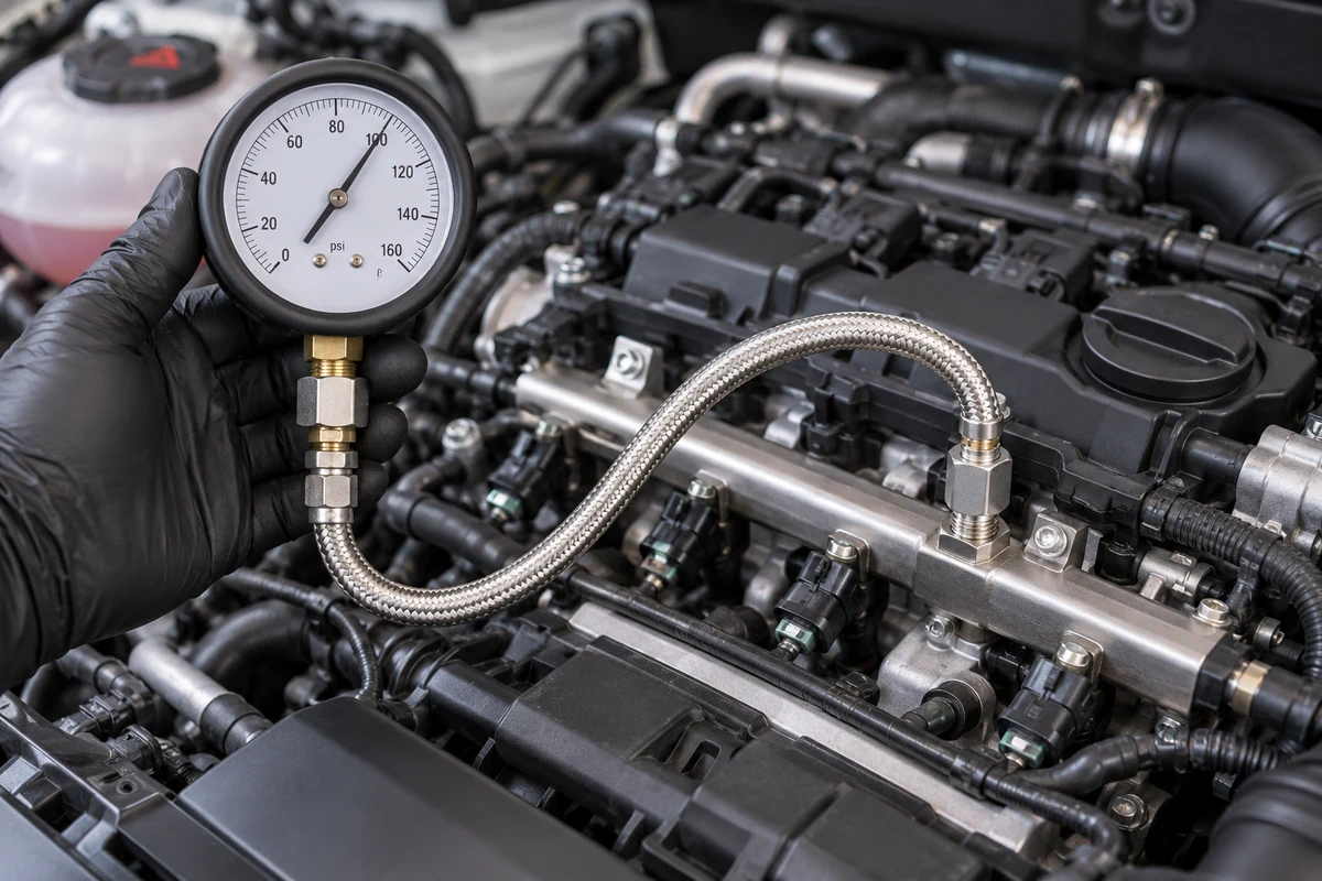 Fuel pressure gauge connected during a fuel system test