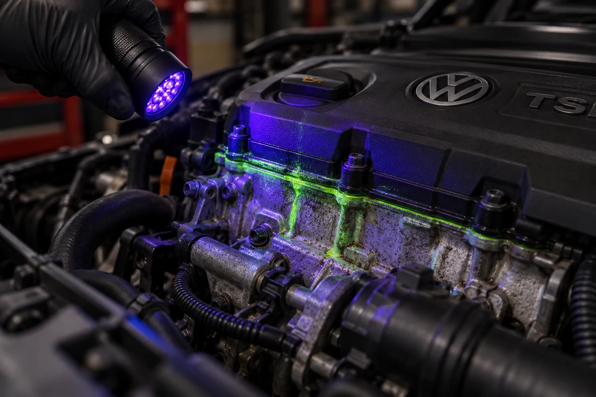 UV lamp showing a fluorescent oil leak along a Volkswagen engine valve cover