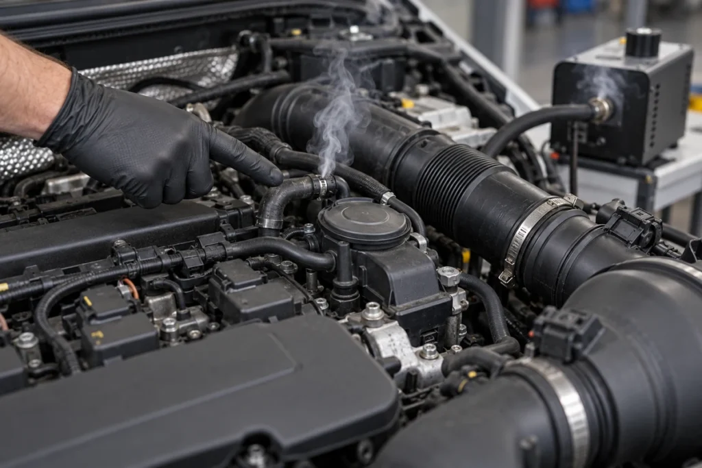 Smoke test being carried out on a Volkswagen CC engine