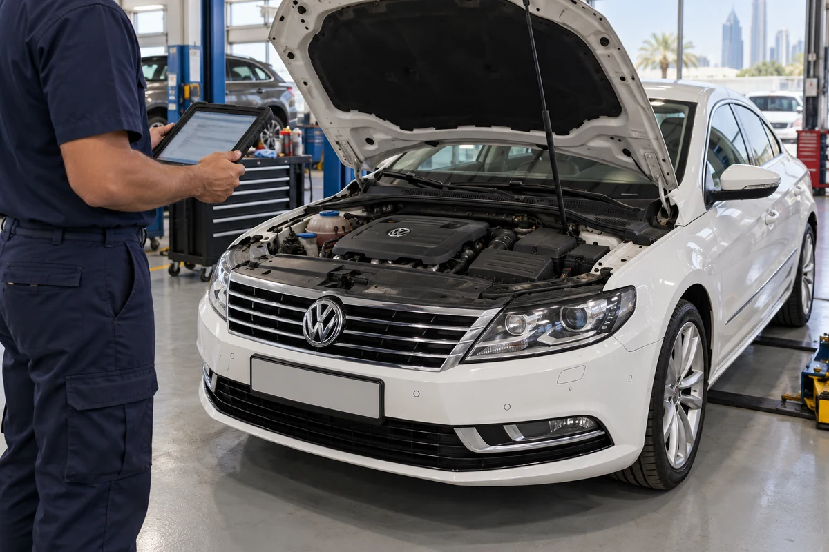 Technician inspecting a used Volkswagen CC with a diagnostic tablet
