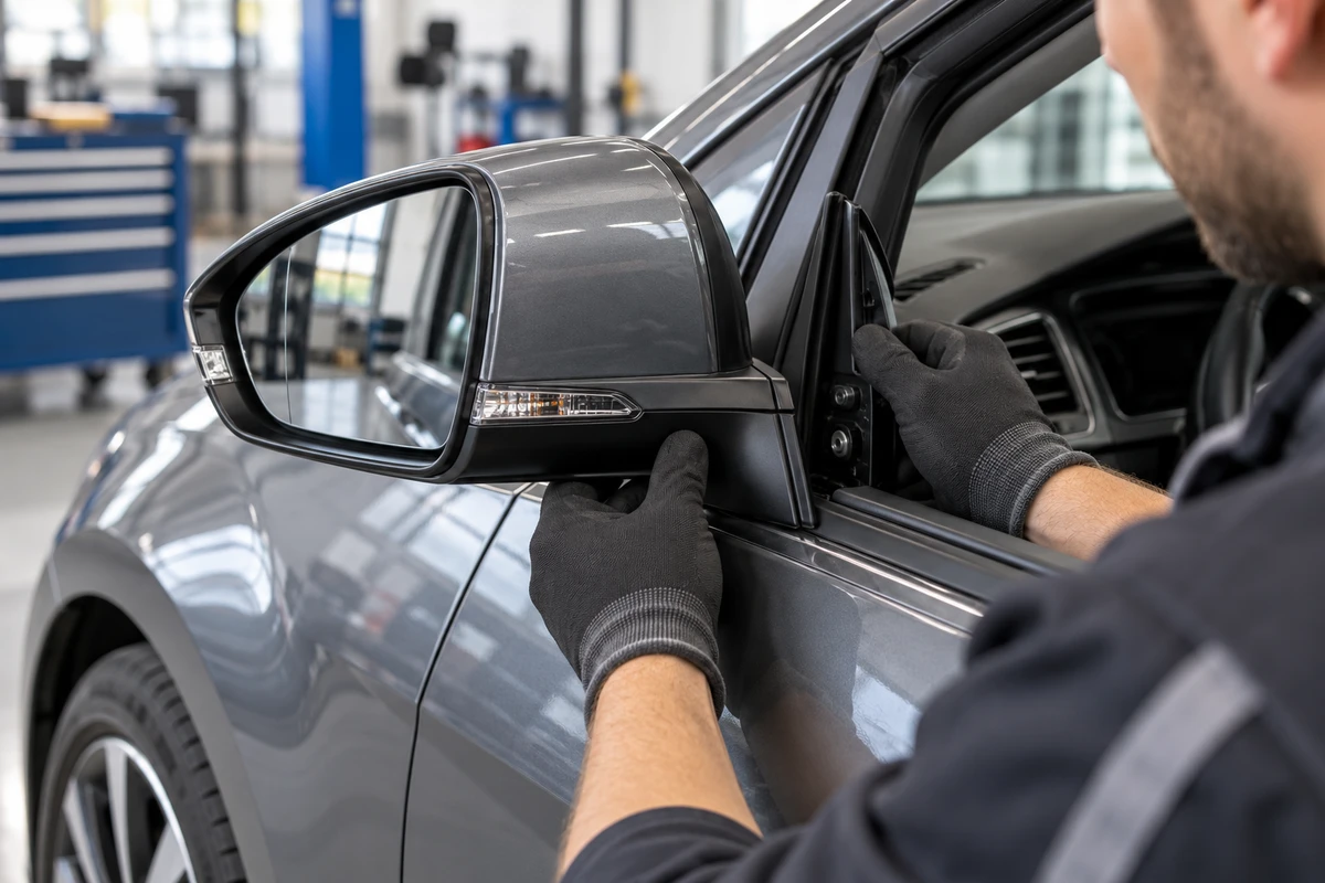 Technician fitting a body coloured wing mirror to a Volkswagen Golf Mk7 door