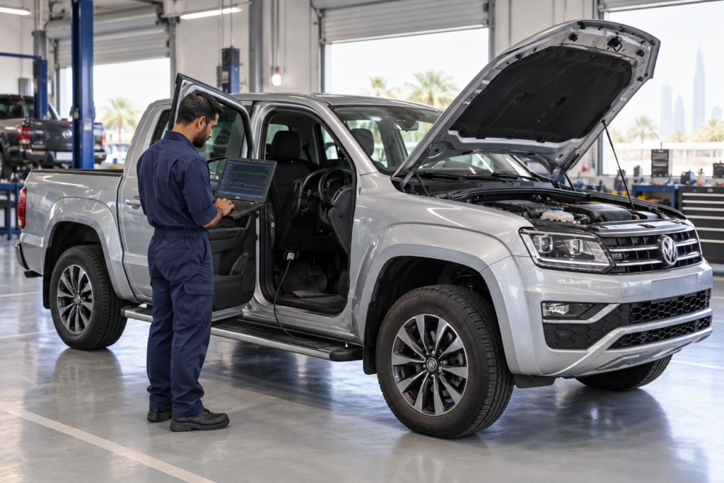 Technician reading live engine data from a Volkswagen