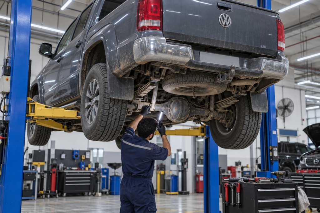 Volkswagen raised on a lift for body and underbody inspection
