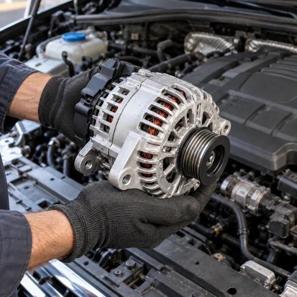 Replacement alternator held over an open Touareg engine bay
