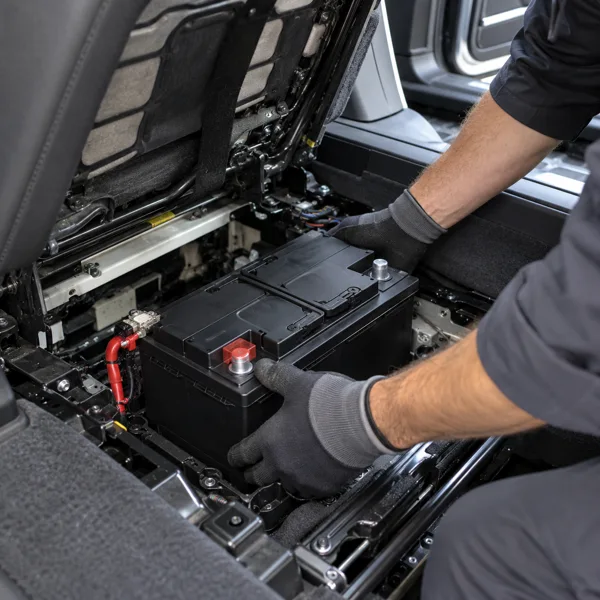 AGM battery being fitted beneath the front seat of a Volkswagen Touareg
