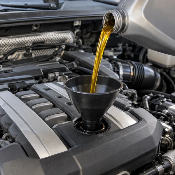 Fresh engine oil being poured into a Volkswagen Touareg engine