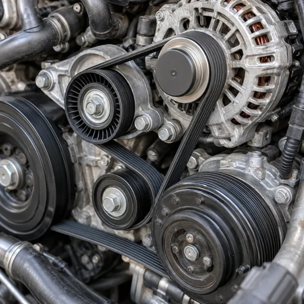 New serpentine belt routed around engine accessory pulleys